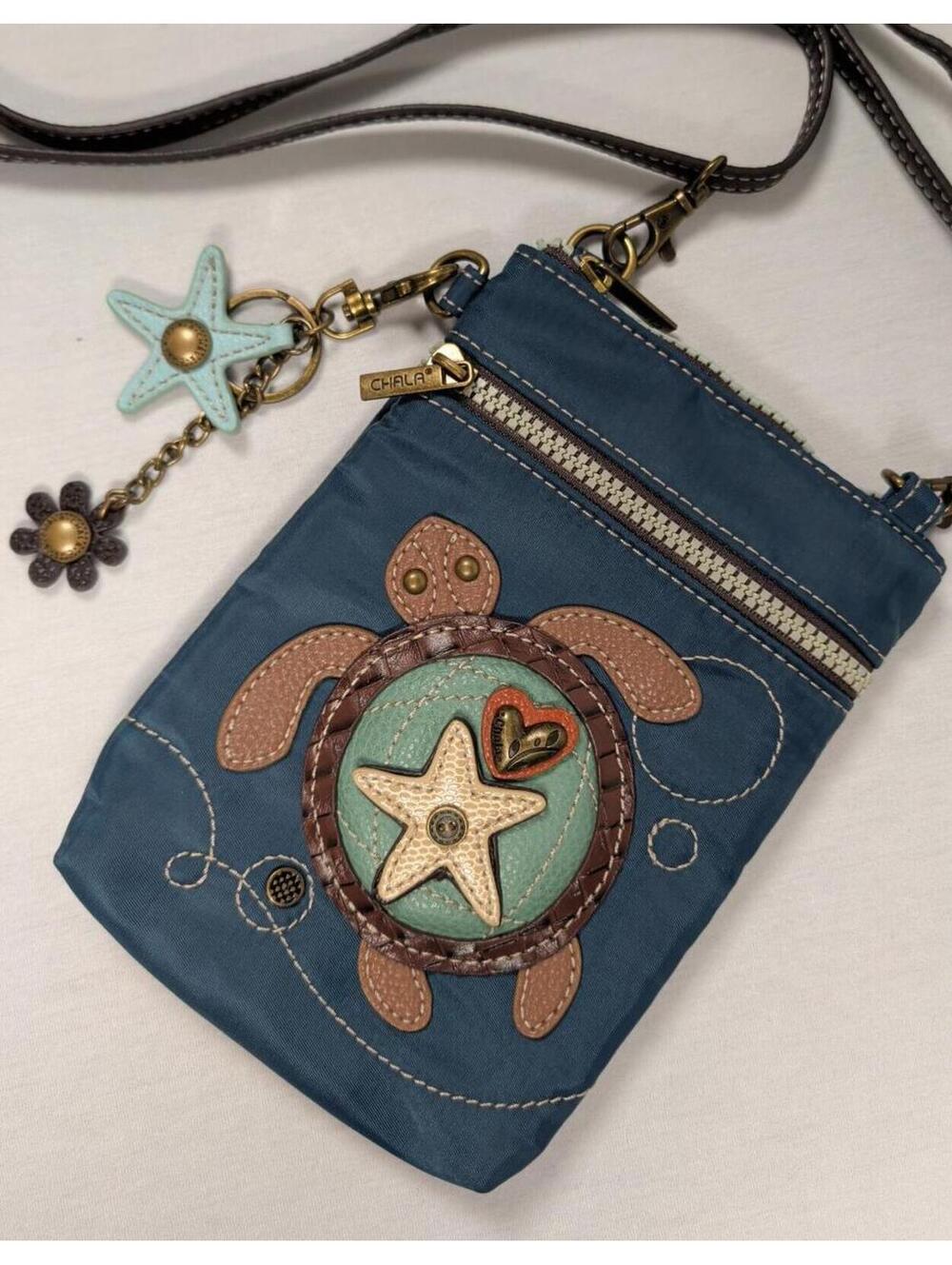 Chala Blue Crossbody Bag with Turtle and Starfish Appliqué